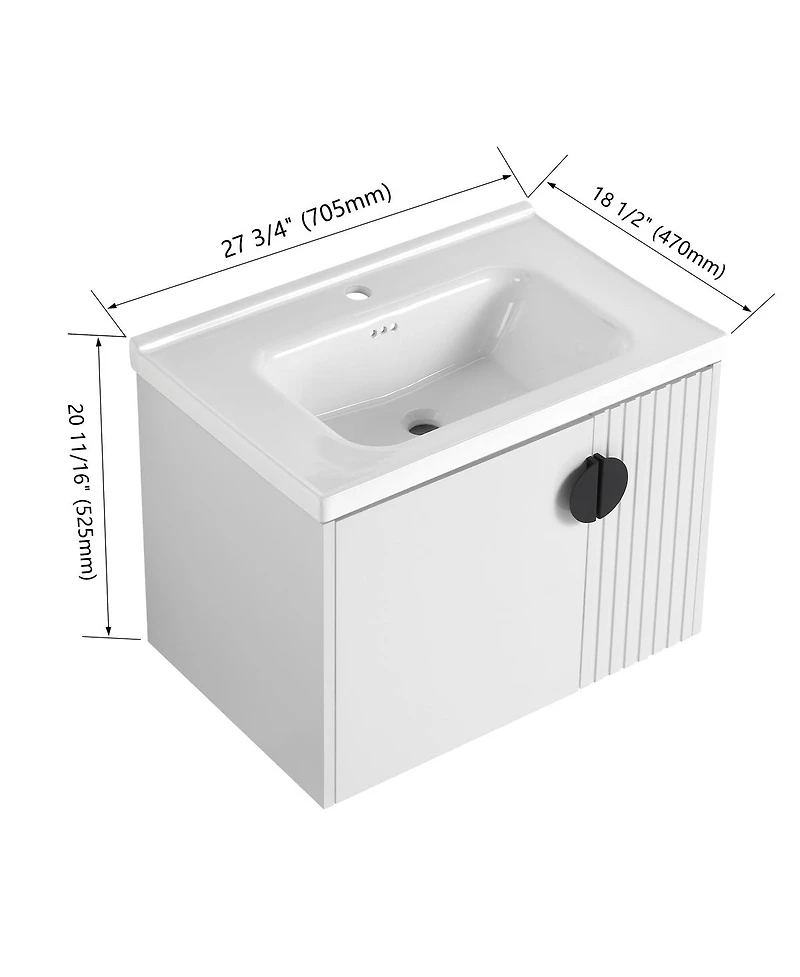 Sillysis Wall Mounted Bathroom Vanity with Ceramic Sink, Floating Cabinet, 2 Soft Close Doors for Small Space