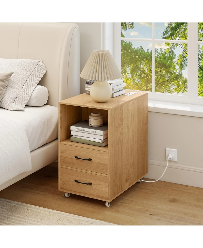 Gymax 2PCS End Table w/Built-in Charging Station Usb Ports Outlets 2 Drawers 3 Shelves