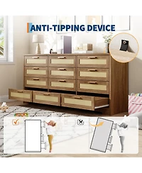 gaomon Bedroom 12-Drawer Dresser, Rattan Wood Chest with Wide Storage Drawers and Tabletop.