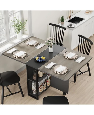 gaomon Expandable Farmhouse Dining Table with Storage and 6 Wheels, Space-Saving Drop-Leaf Design for 4 People