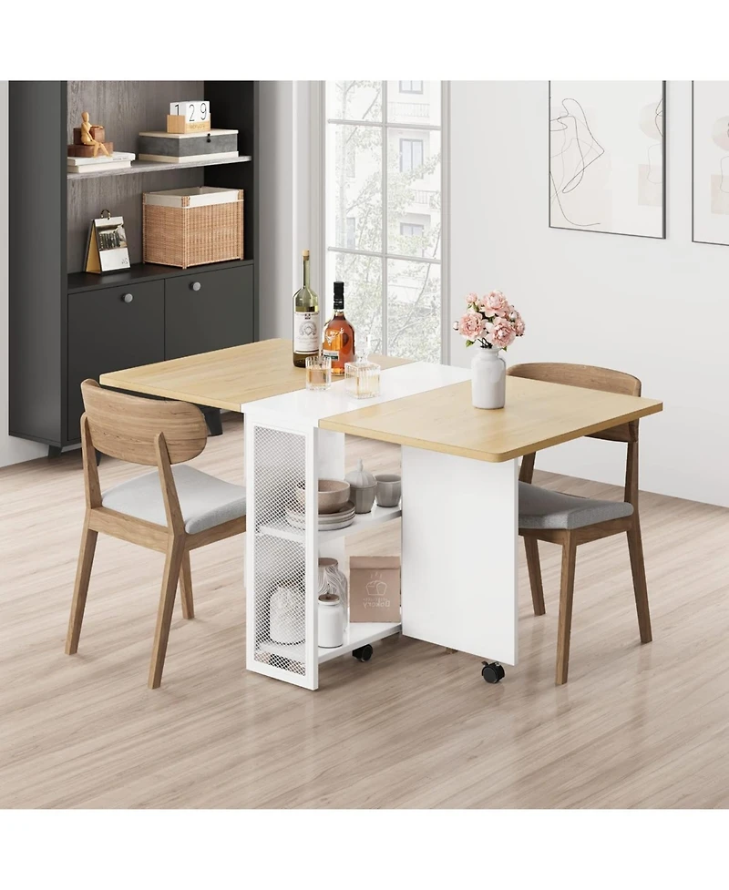 Expandable Farmhouse Dining Table with Storage and 6 Wheels, Space-Saving Drop-Leaf for 4 People