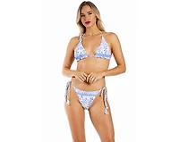 La Moda Clothing Women's Club Moda Blue Floral Bikini Set - Triangle Halter Top and Tie-Side Bottom Luxury Resort Swimwear