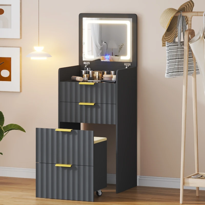 Vlsrka Fluted Small Vanity Desk With Mirror, Lights, Stool & 3 Drawers