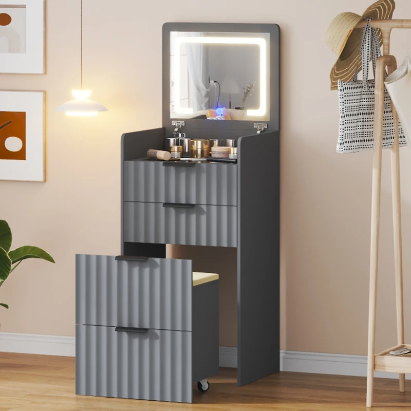 Vlsrka Fluted Small Vanity Desk With Mirror, Lights, Stool & 3 Drawers