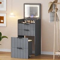 Vlsrka Fluted Small Vanity Desk With Mirror, Lights, Stool & 3 Drawers