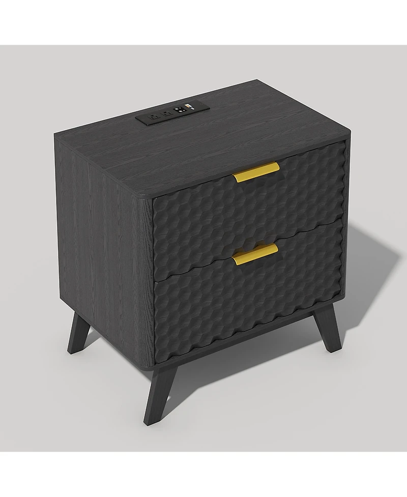 Vlsrka 23.6-Inch Wide 2-Drawer Nightstand with Built-in Outlets and Human Sensor Light