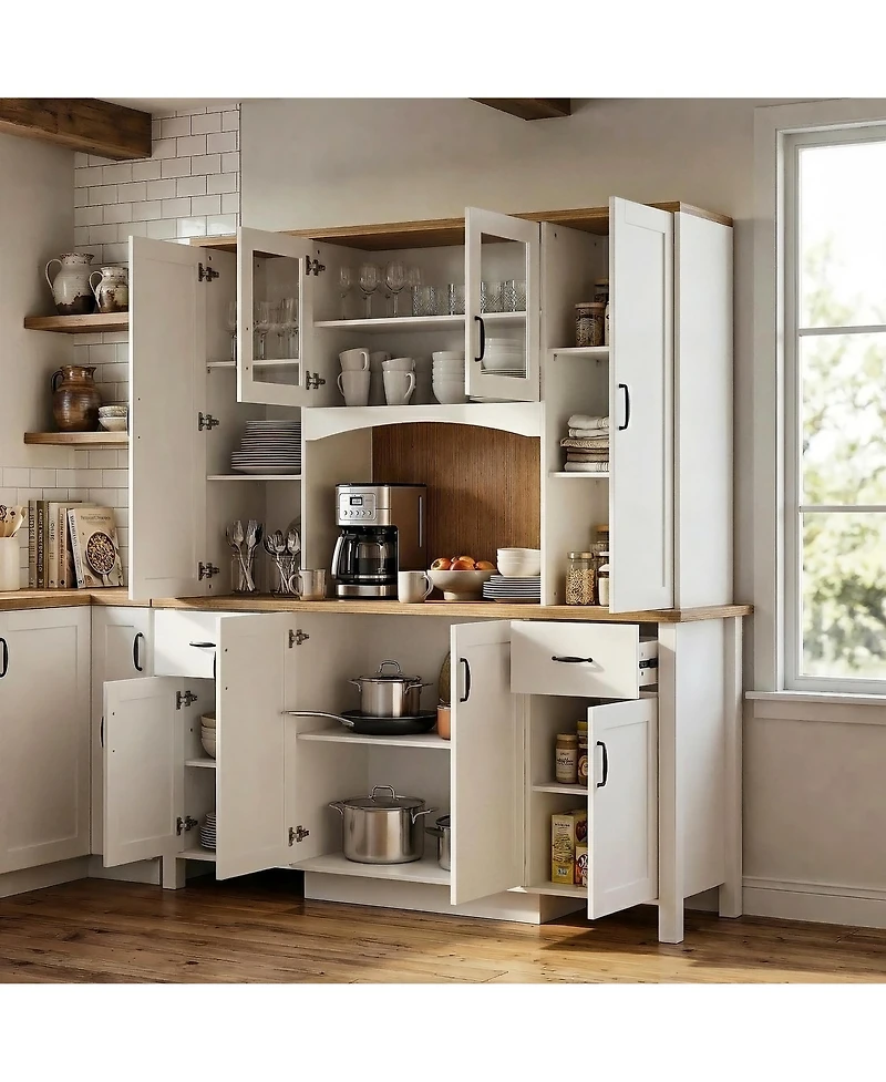 Homsee 71 Inch White Farmhouse Buffet Cabinet - 2-Tone Storage Credenza with Hutch and Drawers | Wood Console