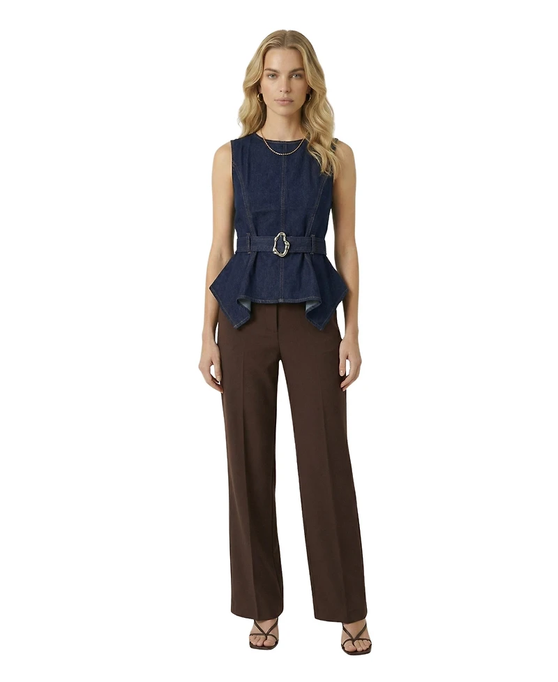 Modenaire Women's Belted Denim Peplum Top