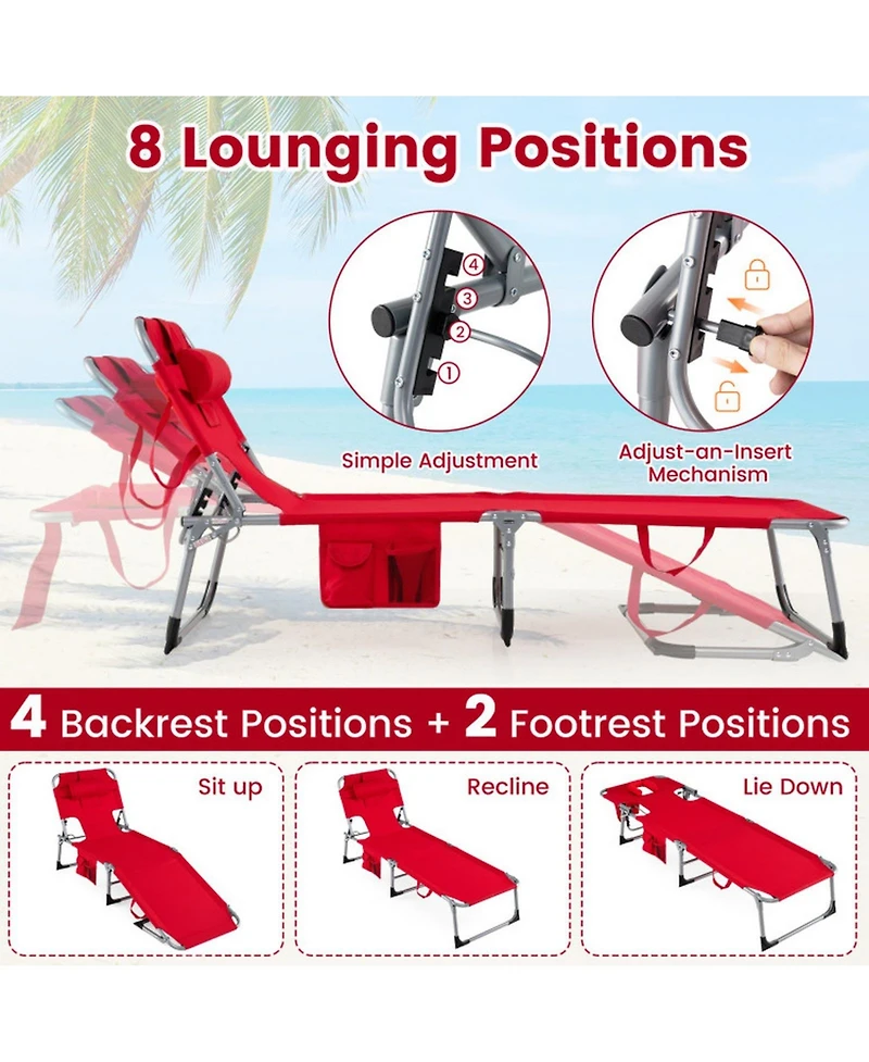 Gouun Tanning Chair with Face Arm Holes Folding Lounge Chair with Storage Pockets