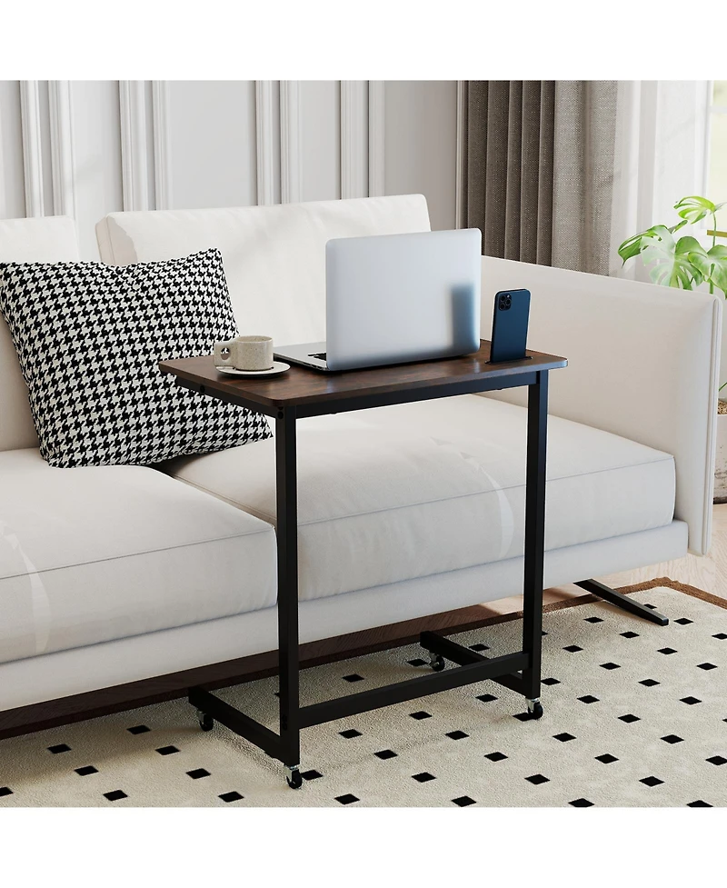Gymax C-shaped End Table w/Wheels Built-in Phone Slot for Living Room Bedroom