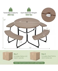 Gymax Outdoor 8-person Round Picnic Table Bench Set w/ 4 Benches and Umbrella Hole