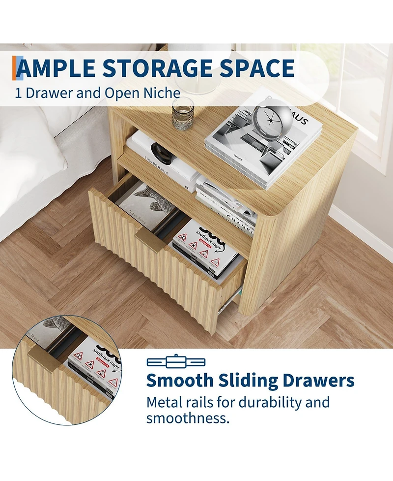 Bedroom Sofa Office Nightstand, Set of 2 Wooden Bedside End Tables, Fluted Panel Storage with Drawer and Shelf, Oak
