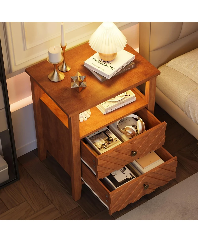 gaomon Home 2-Drawer Farmhouse Wood Nightstand, Bedside Table with Open Shelf Storage