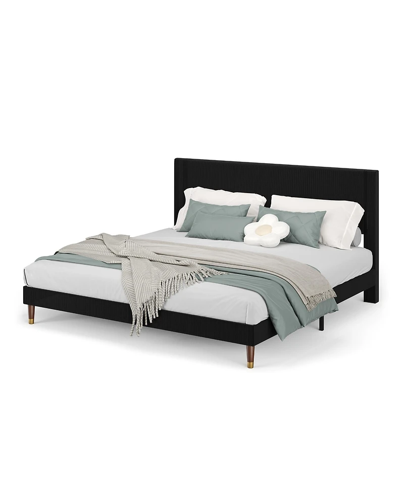 homfan upholstered platform bed with headboard, modern low profile design, sturdy metal frame, wood slats, noise free, no box spring