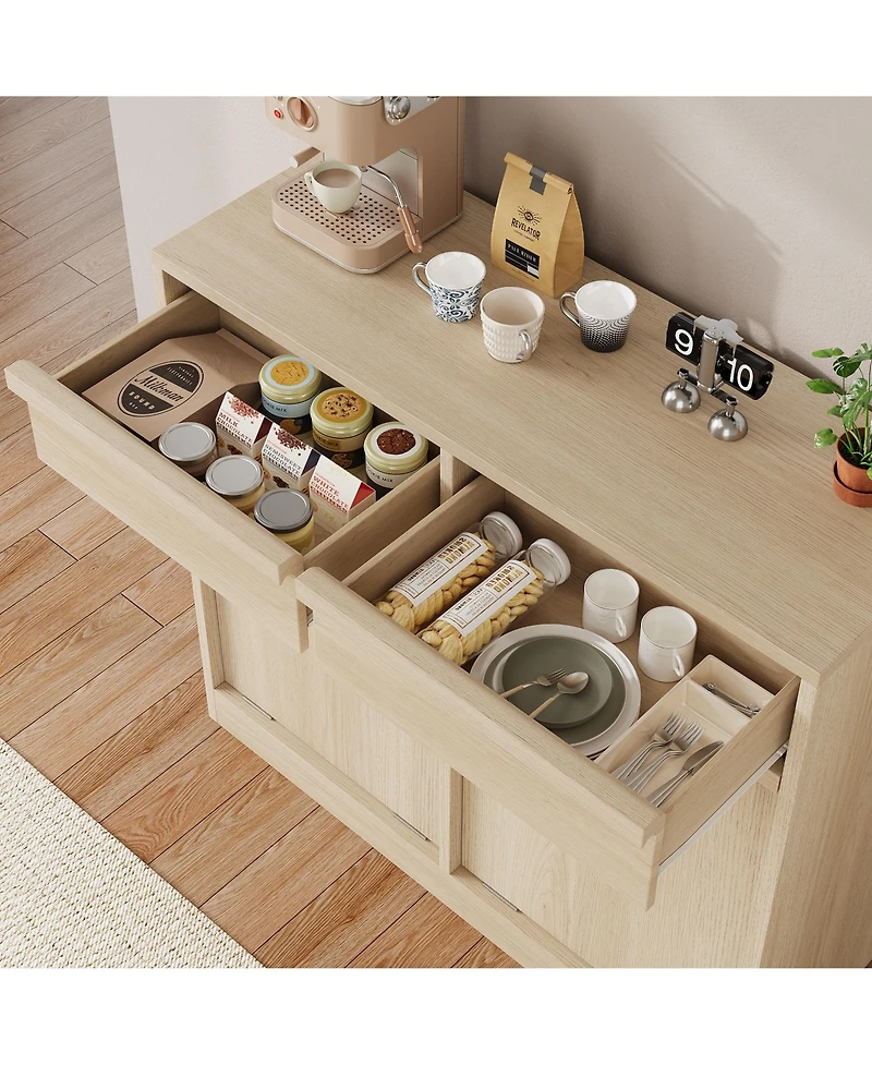 homfan Double Tilt-Out Trash Can Cabinet with 2 Drawers and Hidden Bin Storage, Wood-Finish Organizer for Kitchen or Laundry