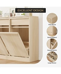 homfan Double Tilt-Out Trash Can Cabinet with 2 Drawers and Hidden Bin Storage, Wood-Finish Organizer for Kitchen or Laundry