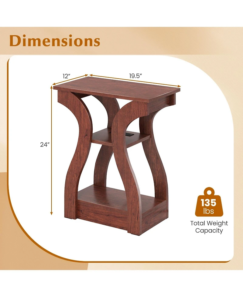 Gymax End Tables w/Charging Station Set of 2 3-Tier Side with Usb Ports and Outlets