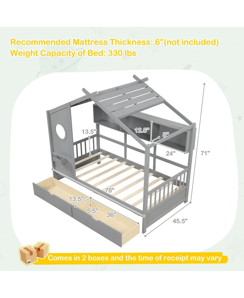 Gymax House Bed Kids Frame w/ 2 Storage Drawers & Fence Guardrails