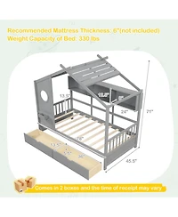 Gymax House Bed Kids Frame w/ 2 Storage Drawers & Fence Guardrails
