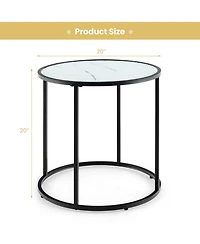 Gymax 2PCS Glass End Table 20 Round Side Table Metal Frame Faux Marble Glass Top
