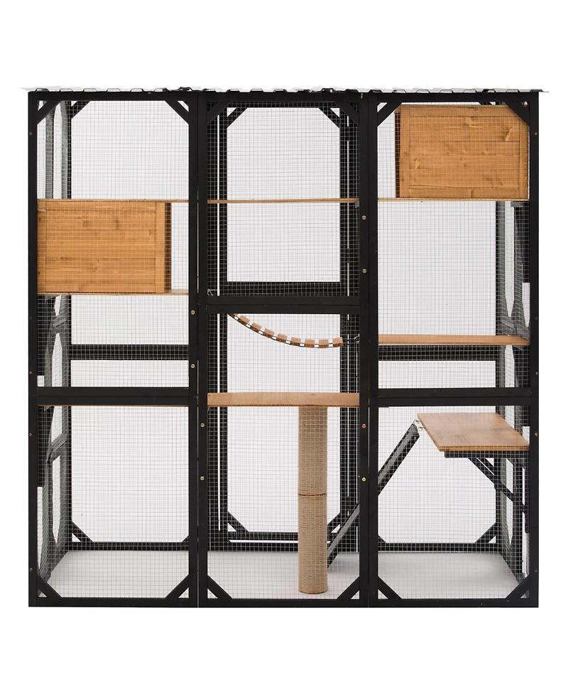 Aostirmotor Outdoor Wooden Catio, Fir Wood Cat Enclosure with Sleeping House and Jumping Platforms, Secure Cat Playpen