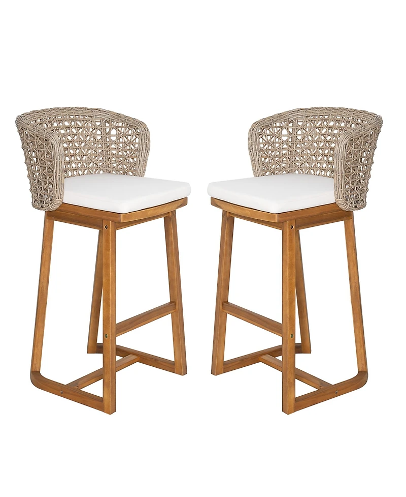 Rainsken Outdoor Acacia Wood Bar Stools, Counter Height Chairs Set of 2 with Cushion and Breathable Wicker Back for Patio, Poolside, Kitchen Island