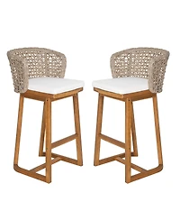 Rainsken Outdoor Acacia Wood Bar Stools, Counter Height Chairs Set of 2 with Cushion and Breathable Wicker Back for Patio, Poolside, Kitchen Island