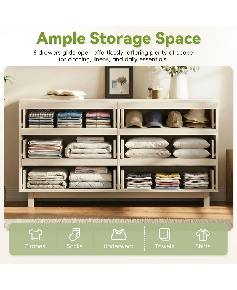 Rainsken 6 Drawer Dresser, Modern Tv Stand and Chest of Drawers with Wave Front Design, Anti-Tip Clothes Storage Organizer for Bedroom, Living Room