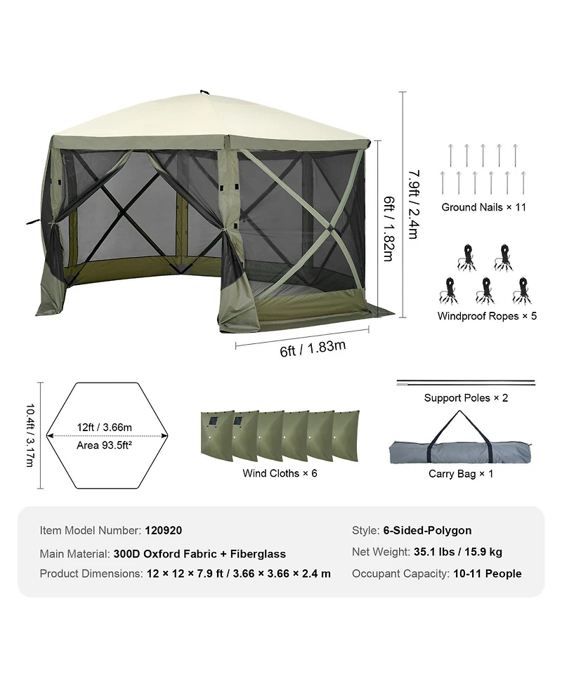 Mecale 12x12 Ft Pop Up Gazebo Tent 6-Sided with Mosquito Netting