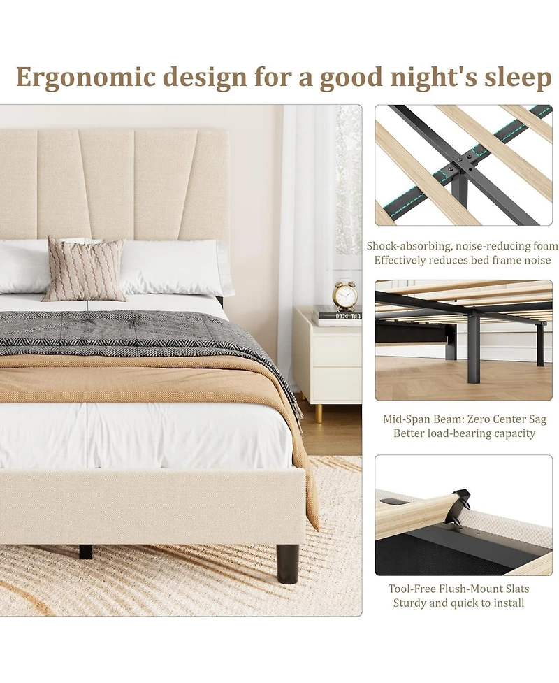 gaomon Upholstered Platform Bed with Adjustable Headboard Wooden Slats