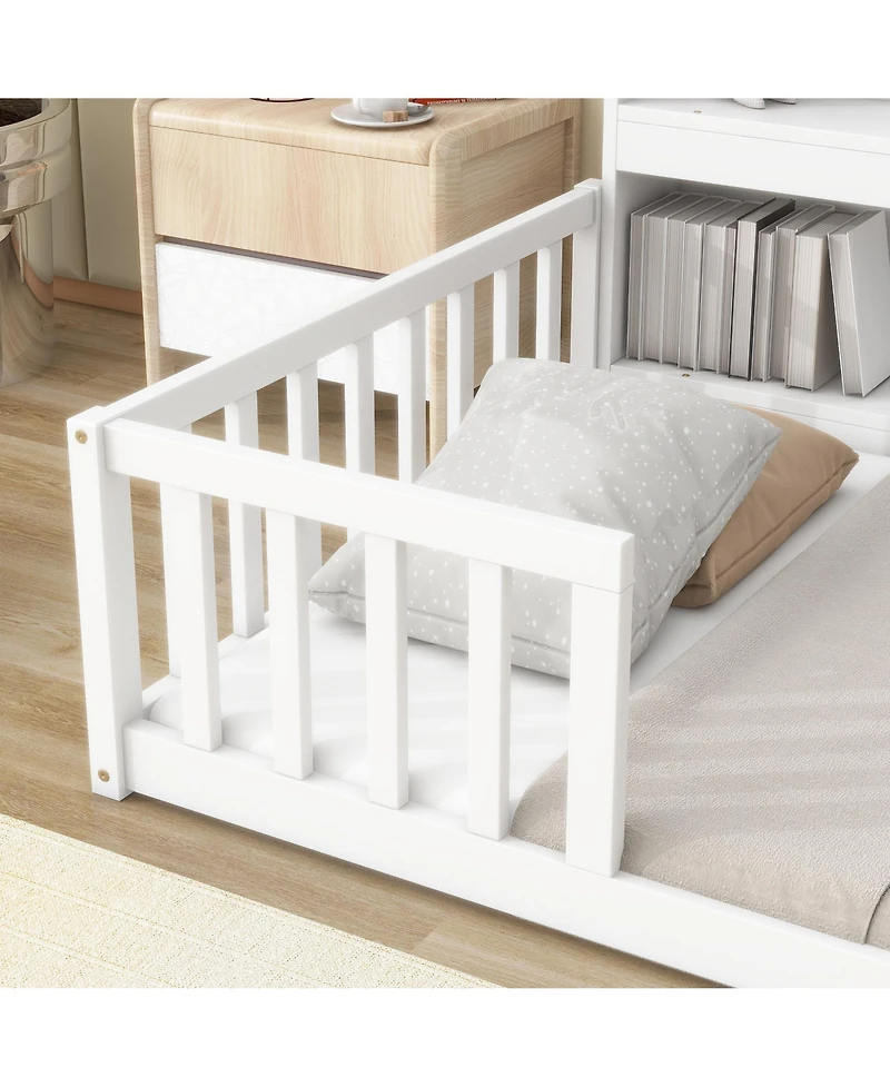 Sailvan Twin Floor Bed with Bedside Bookcase,Shelves,Guardrails