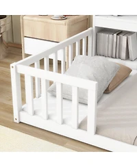 Sailvan Twin Floor Bed with Bedside Bookcase,Shelves,Guardrails