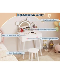 Homfan Bear-Shaped Lighted Mirror Kids Vanity Table and Chair Set - Wooden Princess Makeup Desk with Stool, Storage Drawers