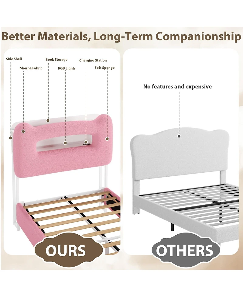 homfan Upholstered Bed Frame with Led Storage Headboard, Charging Station and Drawer, Box Spring Not Required