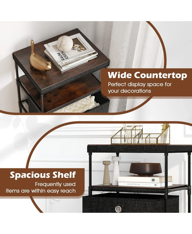 Gouun 3-Drawer Fabric Storage Tower with Wood Top, Shelf and Metal Frame