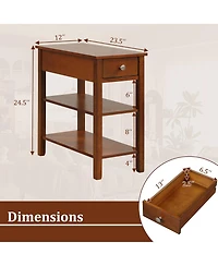 Gymax 2 Pcs Narrow End Tables with Drawer Shelves and Rubber Wood Legs Sofa Side Table