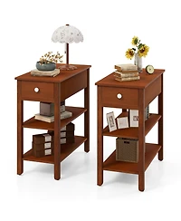 Gymax 2 Pcs Narrow End Tables with Drawer Shelves and Rubber Wood Legs Sofa Side Table