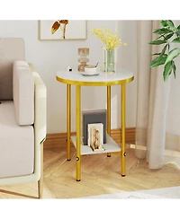 Gymax 2-Tier Round Side Table Set of 2 16'' Faux Marble End Table With Storage Shelf