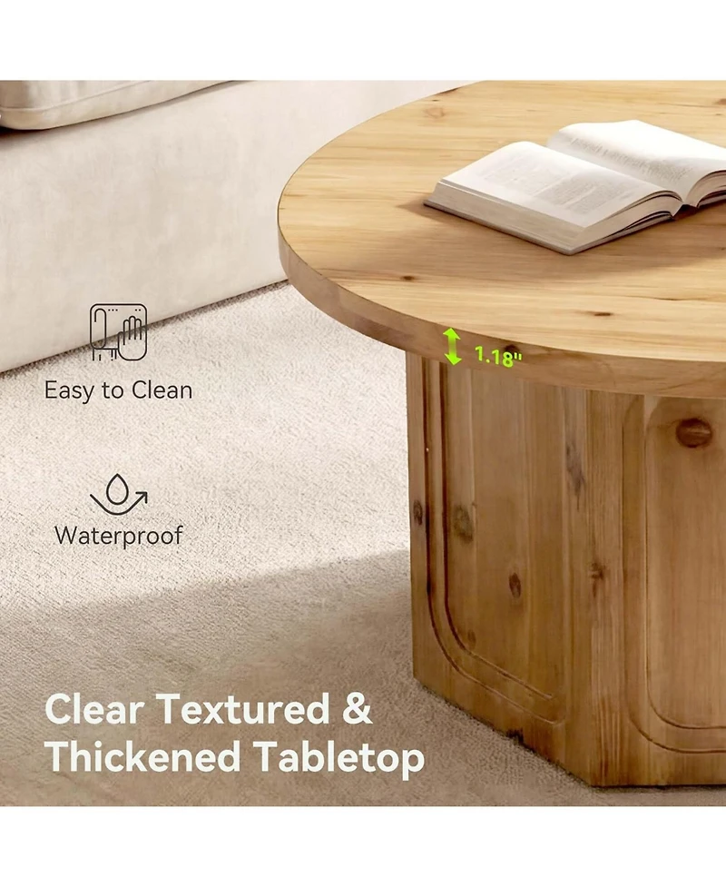 Tribesigns Large Round Solid Wood Coffee Table with Hexagon Pedestal Base