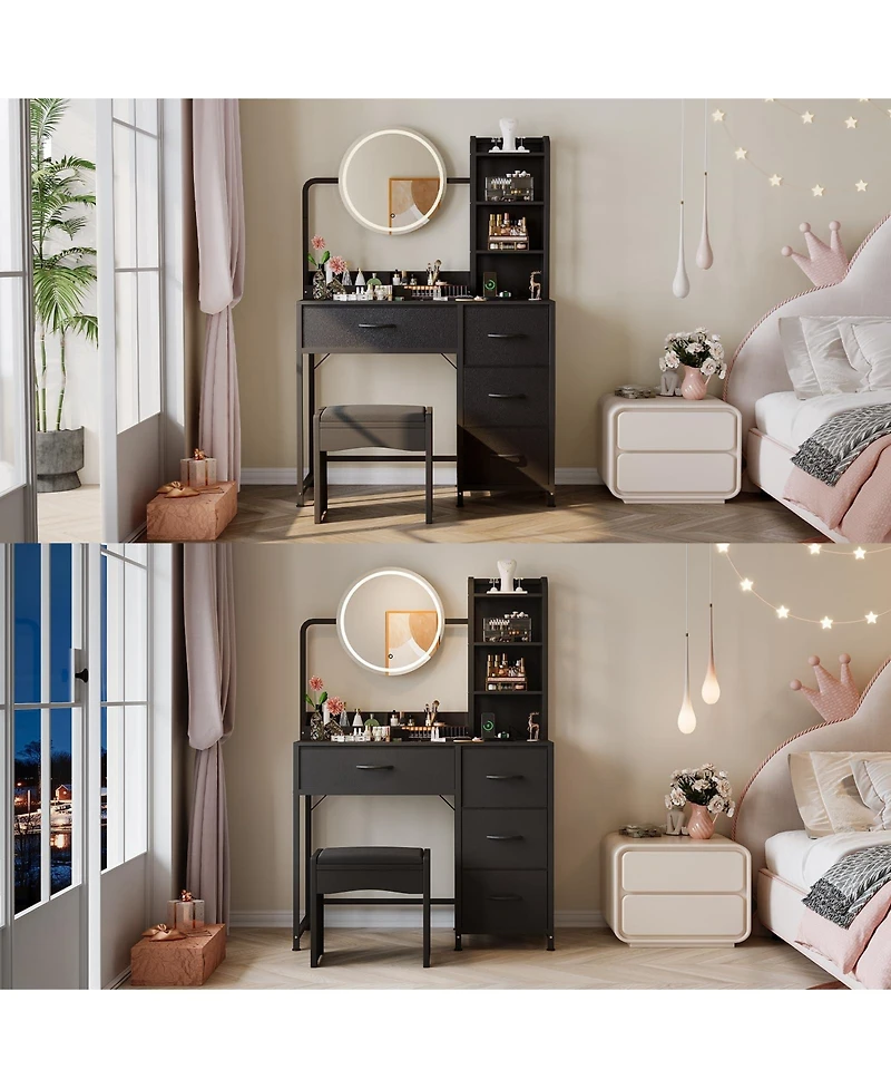 Homfan Modern Vanity Desk with Led Mirror, Adjustable Lights, Fabric Drawers, Power Outlet and Storage Shelves for Bedroom