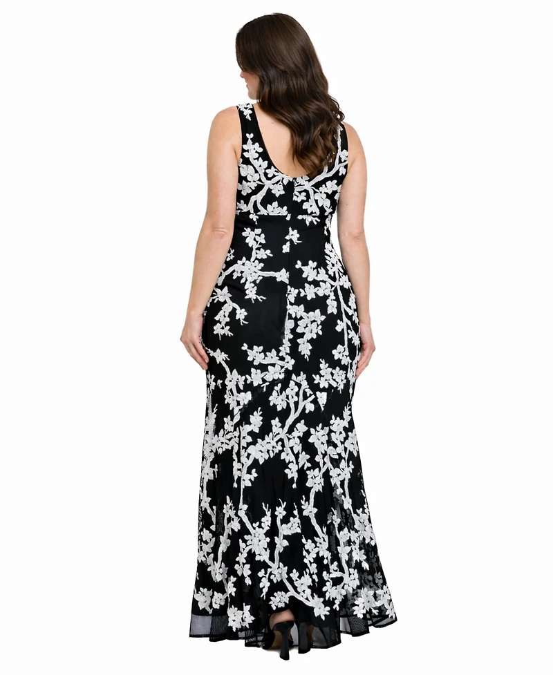 R & M Richards Plus Floral Sequin V-Neck Long Gown