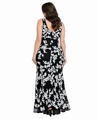 R & M Richards Plus Floral Sequin V-Neck Long Gown