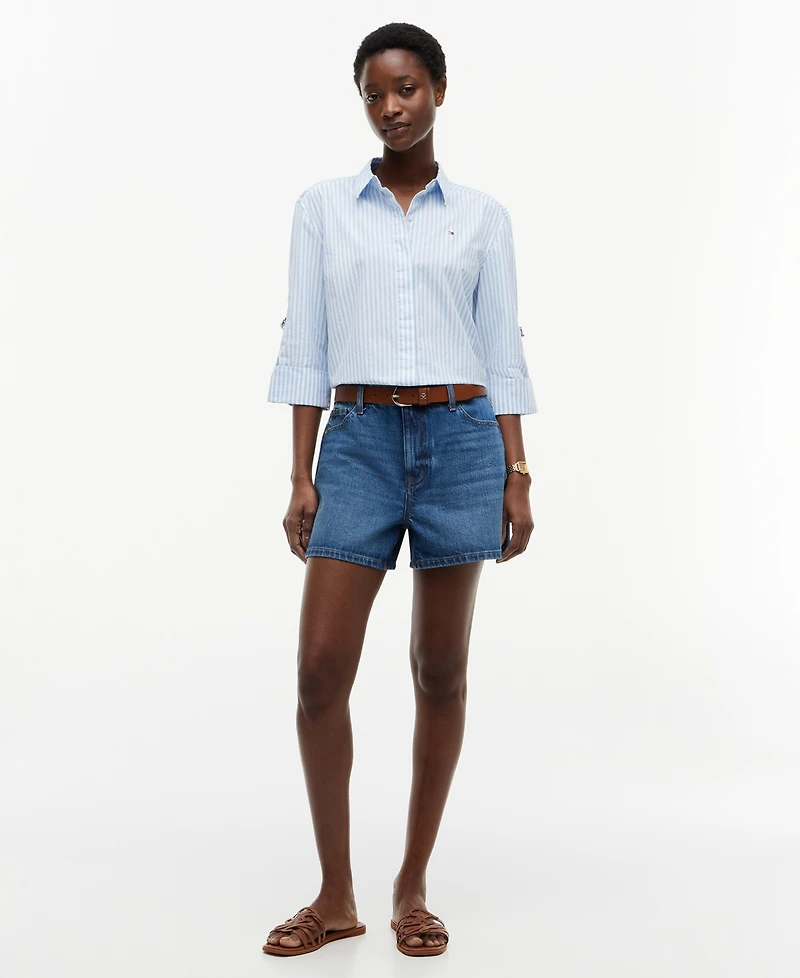 Tommy Hilfiger Women's Cropped Collared Roll-Tab Cotton Shirt