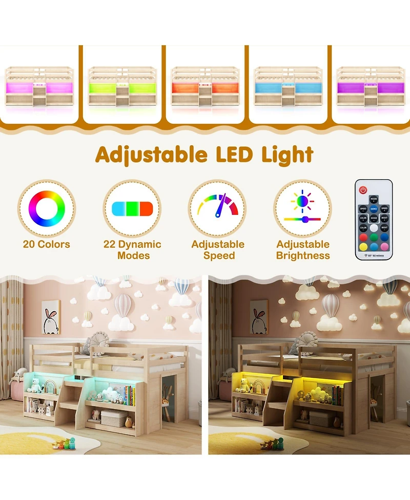 Slickblue Loft Bed Frame with Led Lights, Staircase Ladder and Safety Guardrails, Space Saver