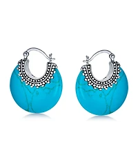 Bling Jewelry Lapis Turquoise Onyx Round Half Crescent Hoop Earrings Milgrain Sterling Silver Setting