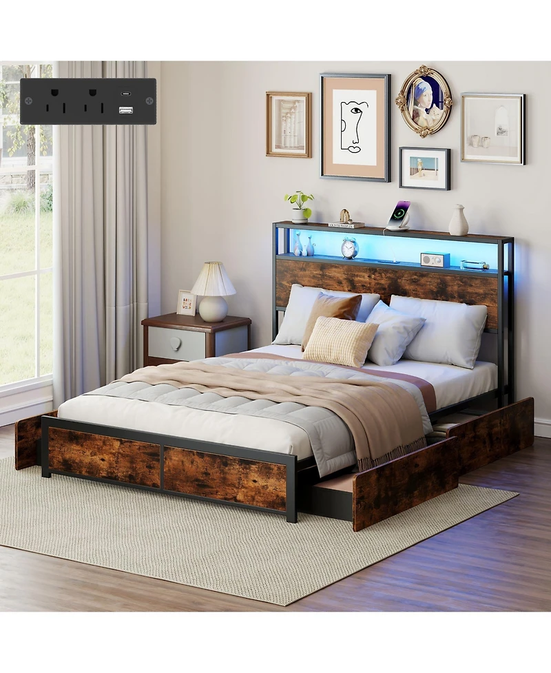 Gymax Full Size Led Bed Frame with 2-Tier Storage Headboard and 4 Drawers Charging Station