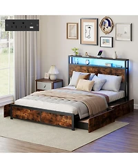 Gymax Full Size Led Bed Frame with 2-Tier Storage Headboard and 4 Drawers Charging Station