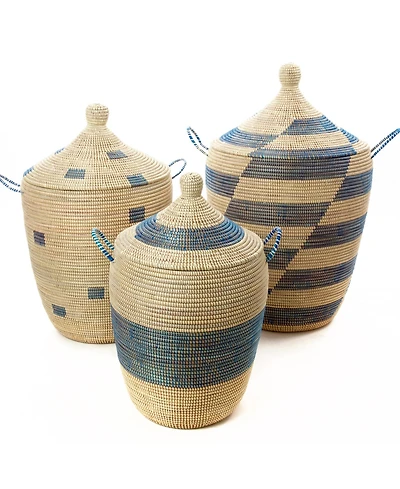 African Modern, Set of Three Blue and Cream Mixed Pattern Hampers