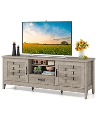 Sugift Farmhouse Tv Stand for 65 Inch TVs with 2 Woven Accent Doors and 3 Adjustable Shelves-Oak