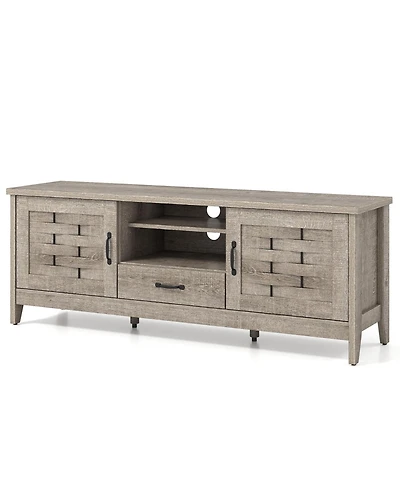 Sugift Farmhouse Tv Stand for 65 Inch TVs with 2 Woven Accent Doors and 3 Adjustable Shelves-Oak